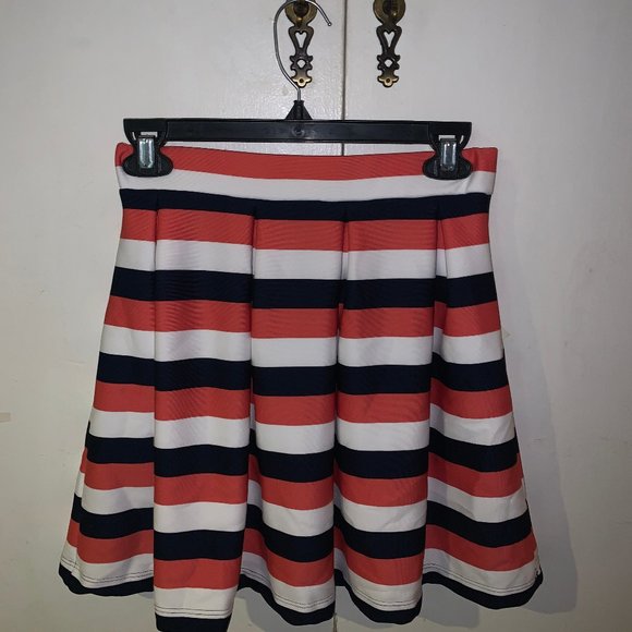 Navy, White, and Dusty Red Stripe Pleated Skirt - Picture 1 of 5